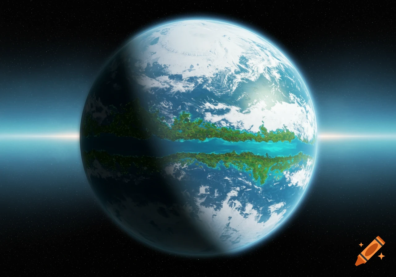 Frozen planet in space with a temperate band around its equator and a distant light source.