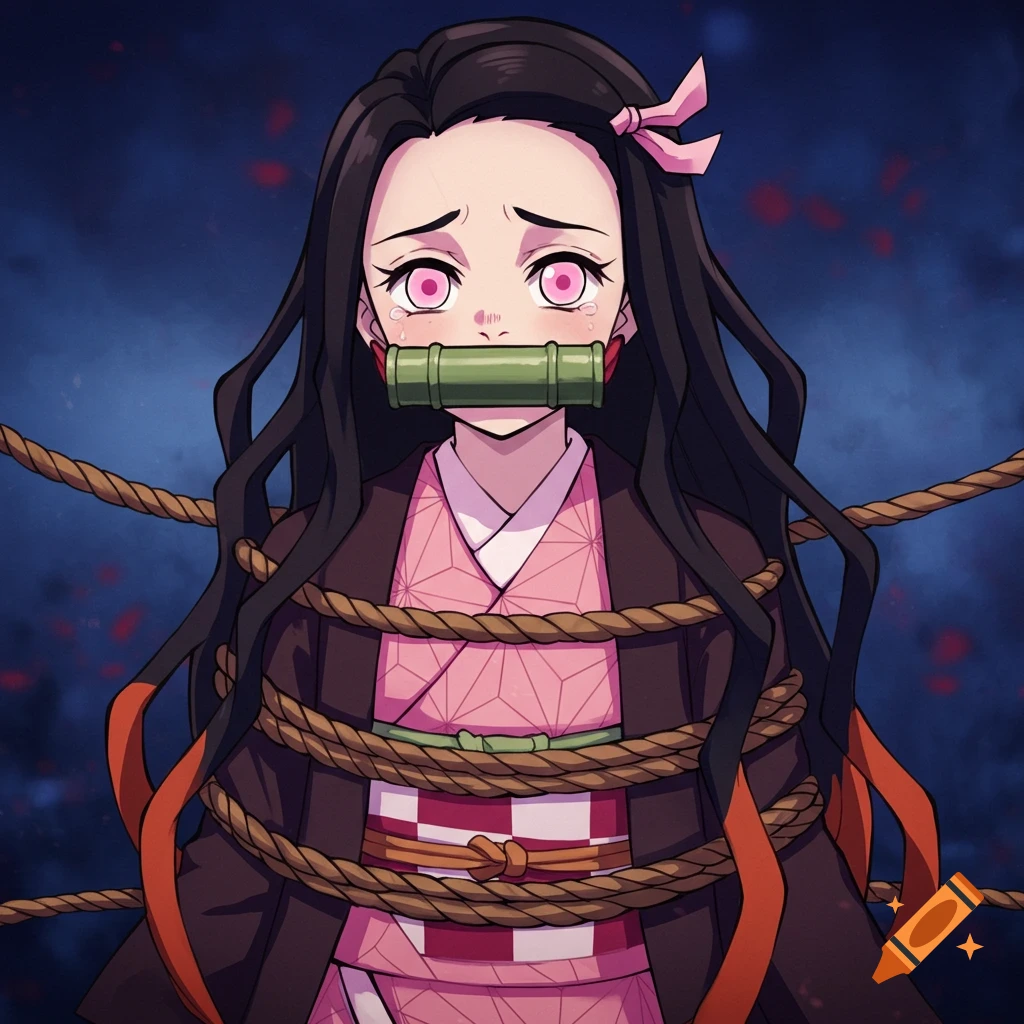 Anime illustration of Nezuko from Demon Slayer tied with ropes, looking distressed.