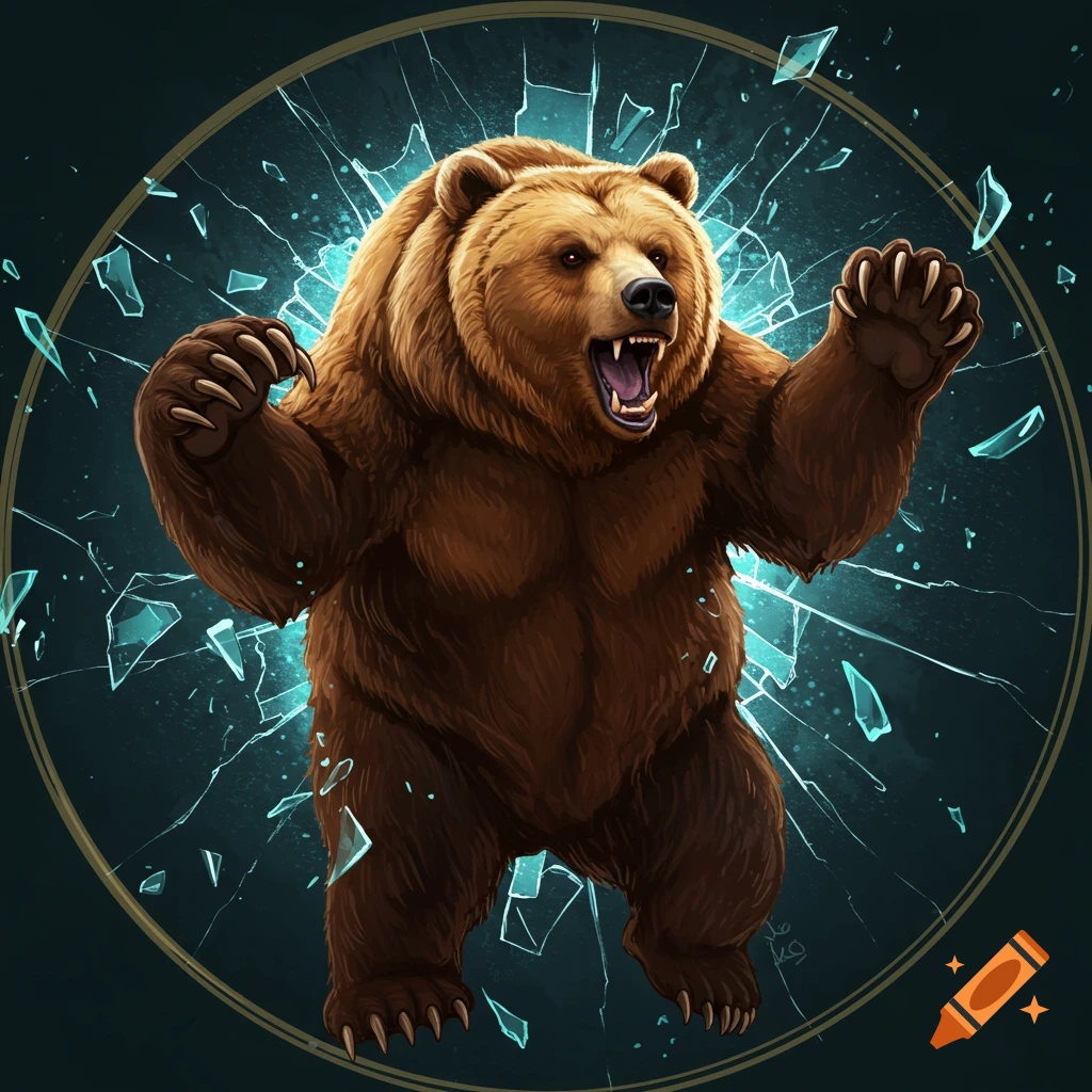 A brown bear roars, breaking through a circular glass surface with claws and teeth, in a digital painting.