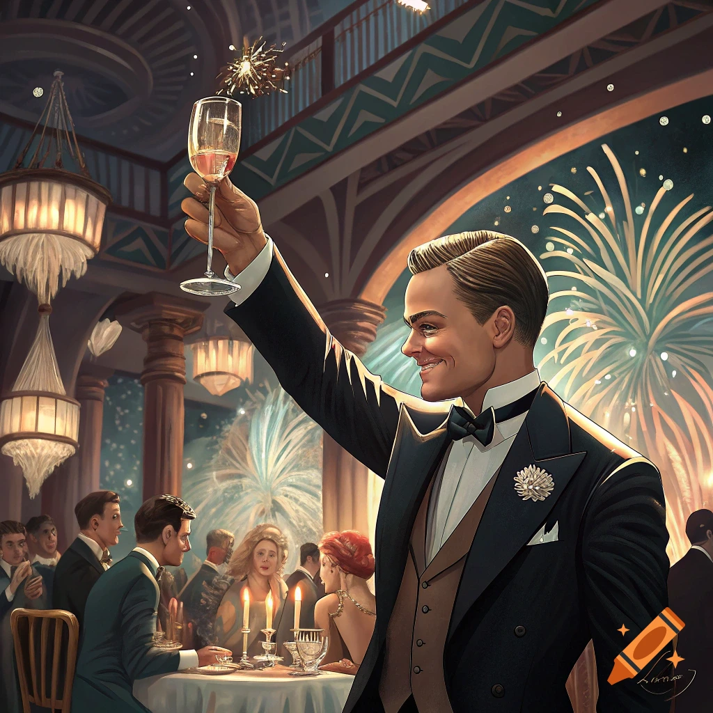 Man in tuxedo toasts at a party with fireworks in a grand room.