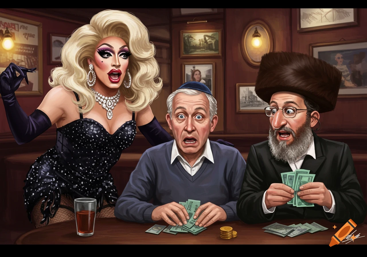 A drag queen stands behind two surprised men holding money at a table in a pub illustration.