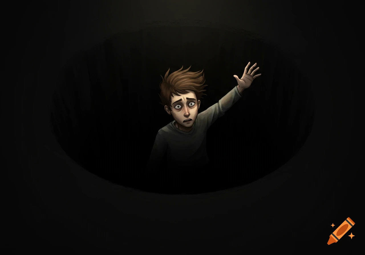 Illustration of a person with wide eyes and open mouth, reaching up while sinking into a dark void.