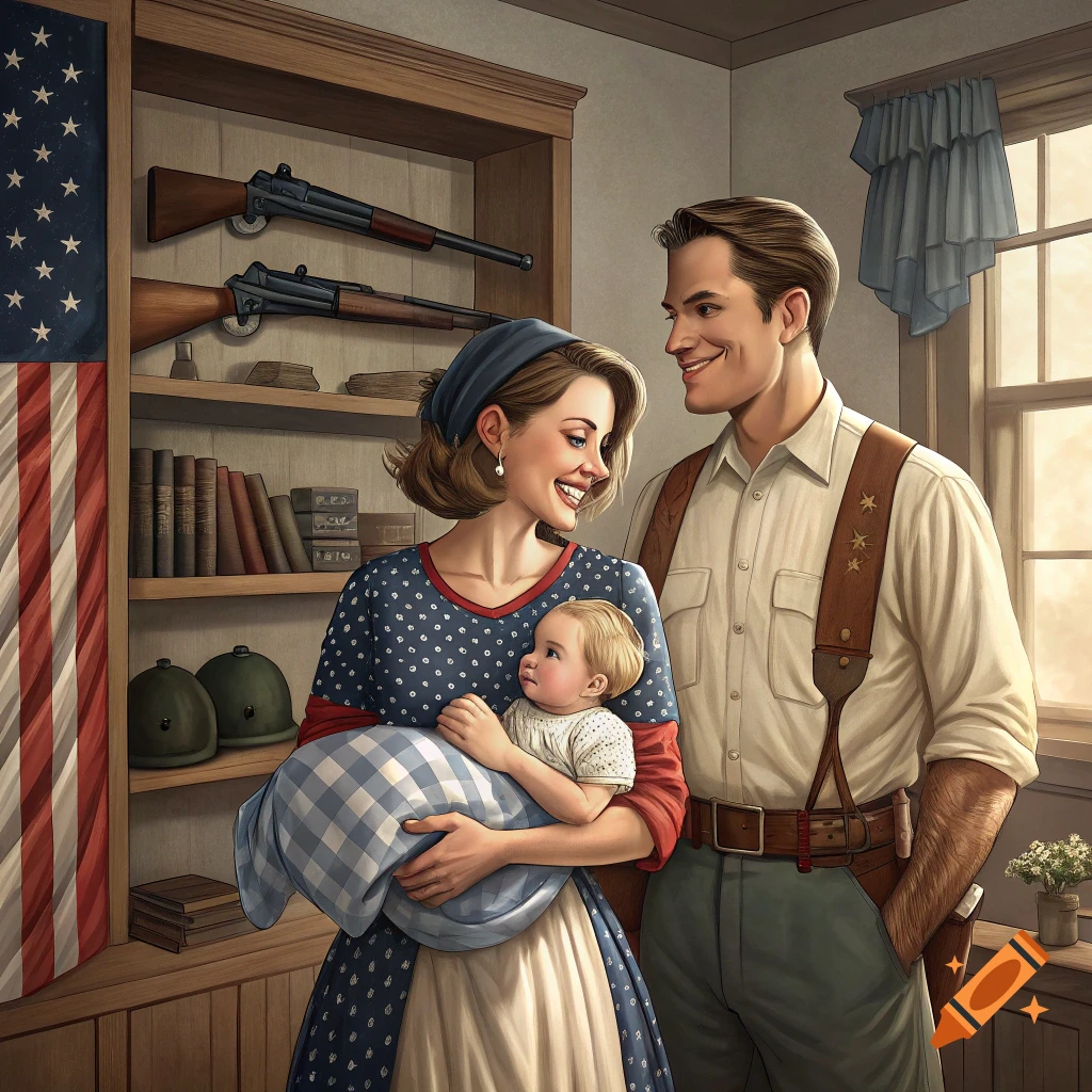 Family portrait with a man, woman holding a baby, American flag, and rifles on a bookshelf.