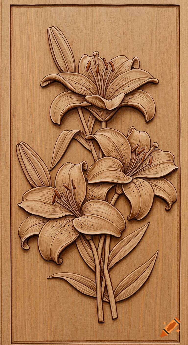 Relief wood carving of three lilies on a wooden panel.