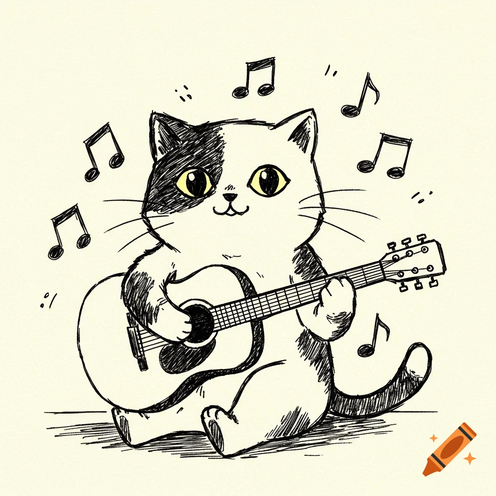 Hand-drawn doodle of a cat playing a guitar with musical notes.