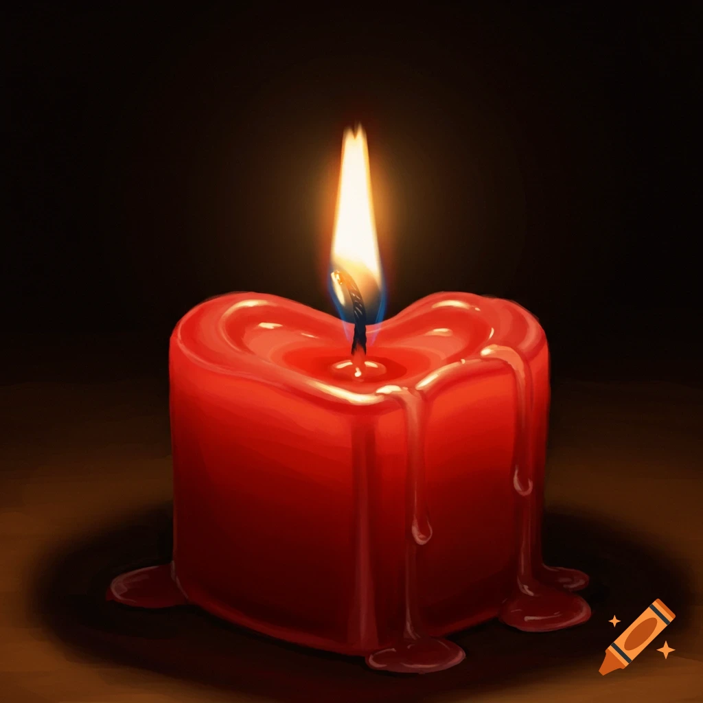 A red heart-shaped candle burns in a dark room, with wax melting and dripping down. Digital painting.