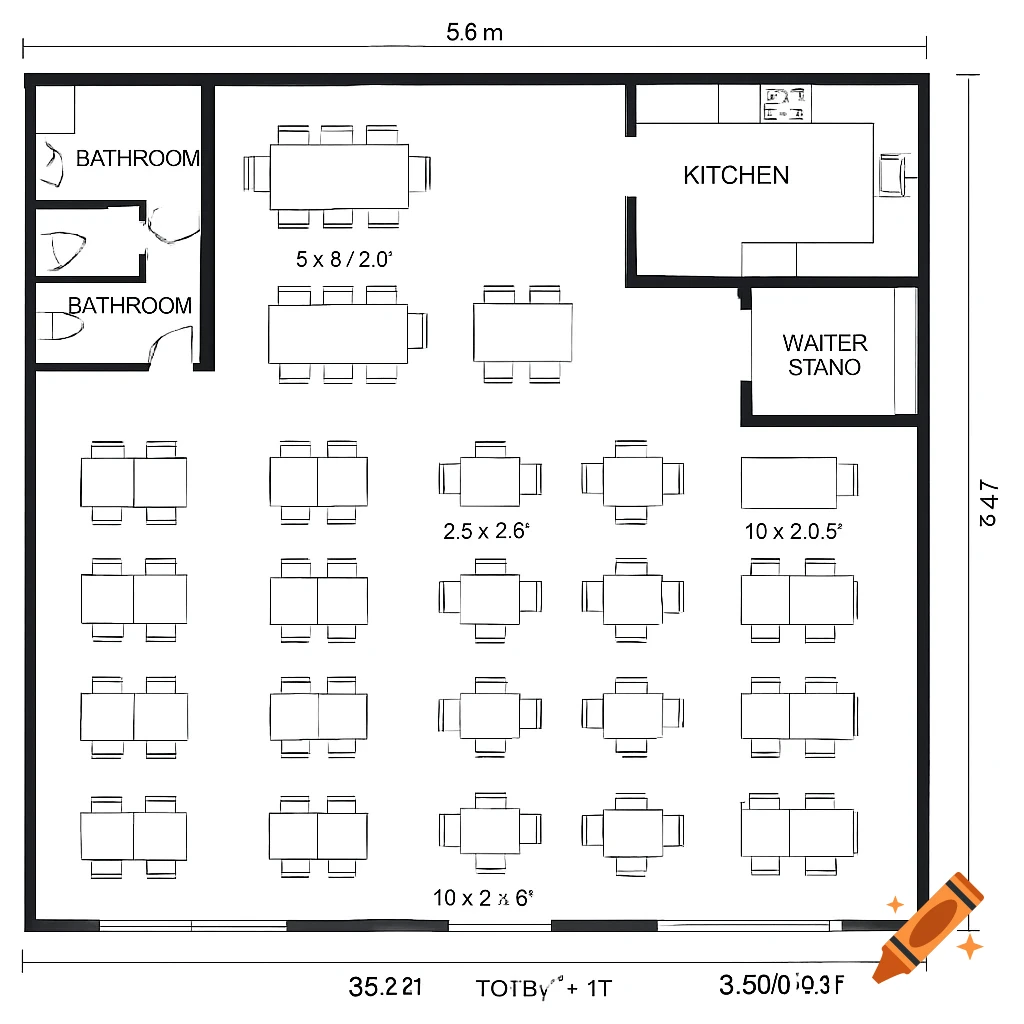 A black and white floor plan of a restaurant layout showing tables, bathrooms, a kitchen, and text labels.