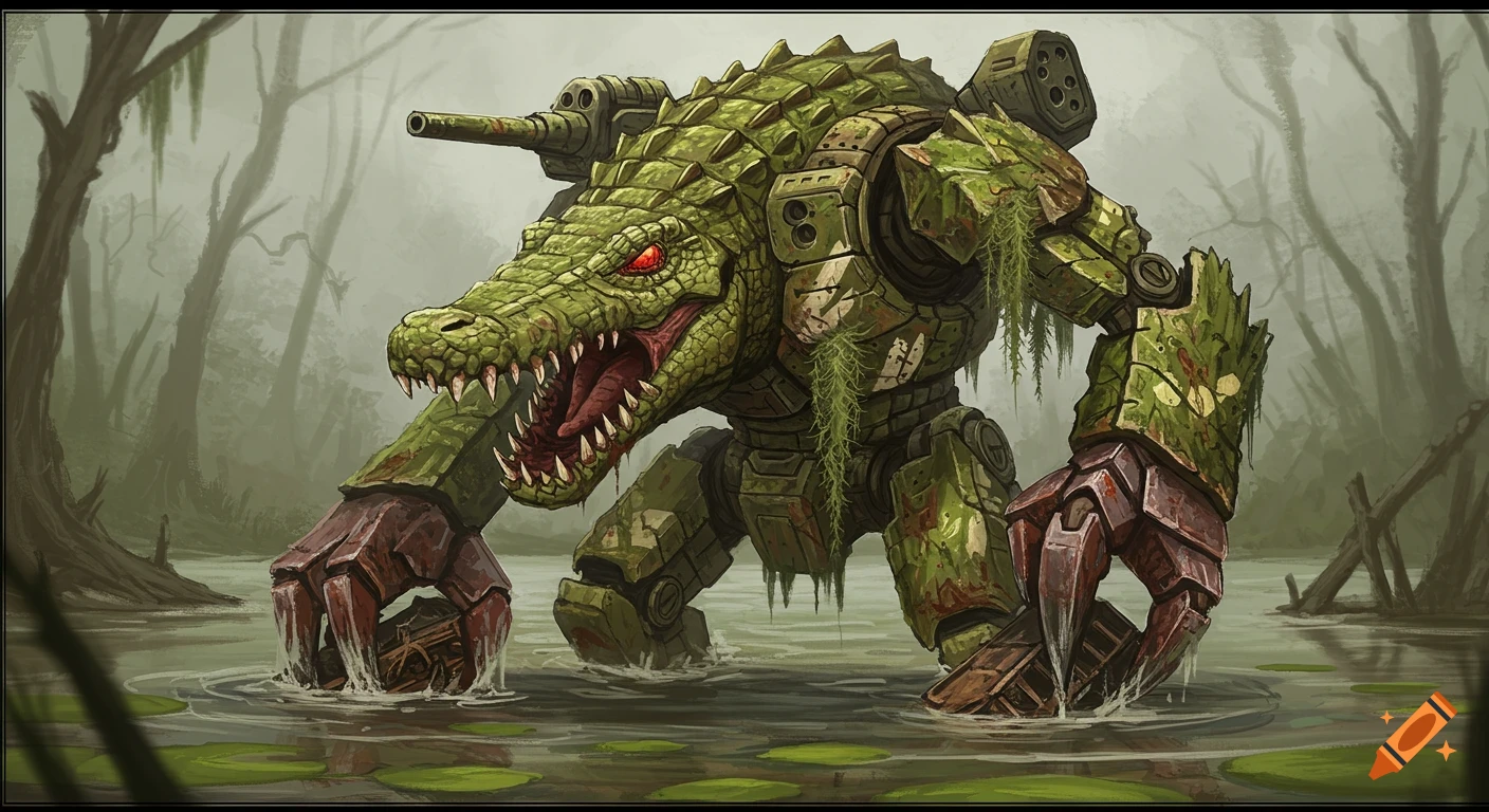 A massive crocodile-like mecha with cannons and claws stands in a swamp, holding a damaged tank carcass.