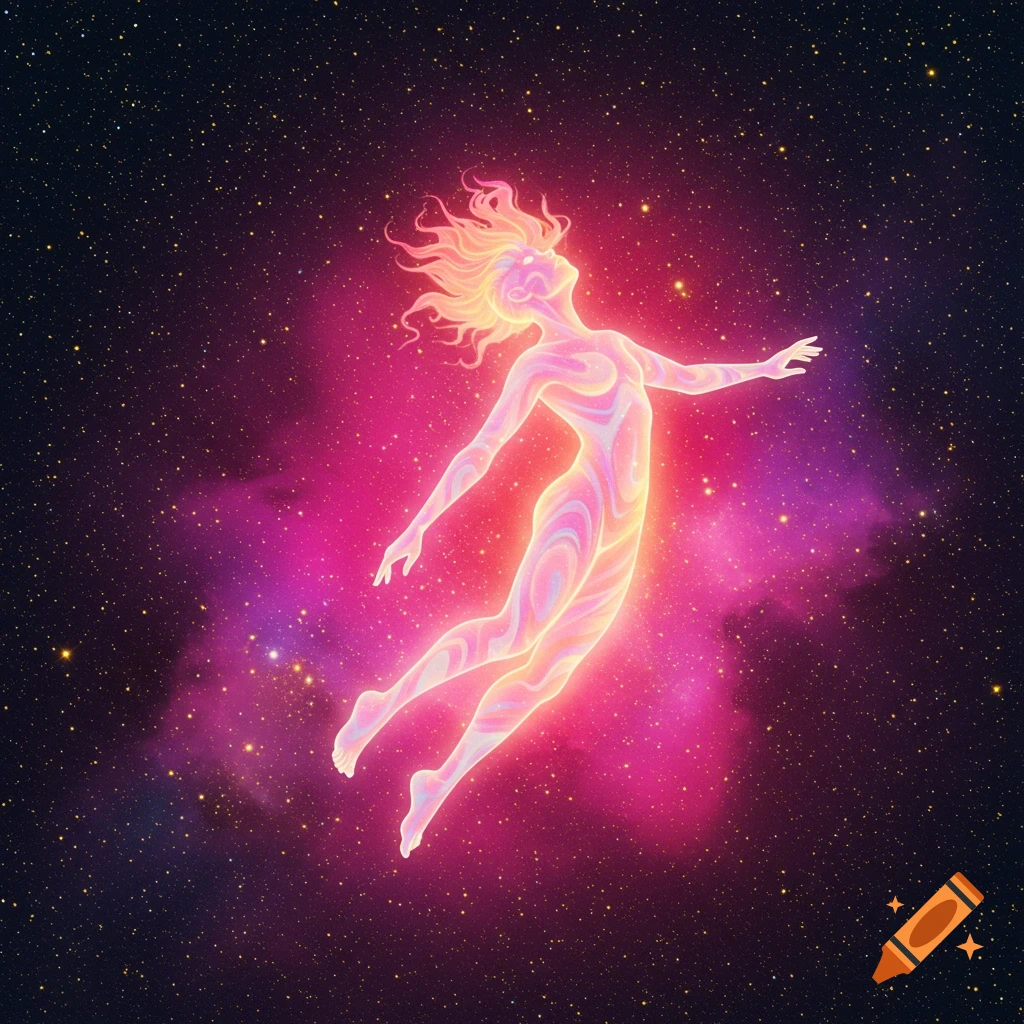 A bright glowing figure with swirly textures floats in a colorful nebula against a starry space background.