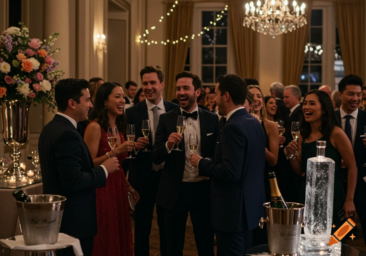People in formal wear toast with champagne at a party.