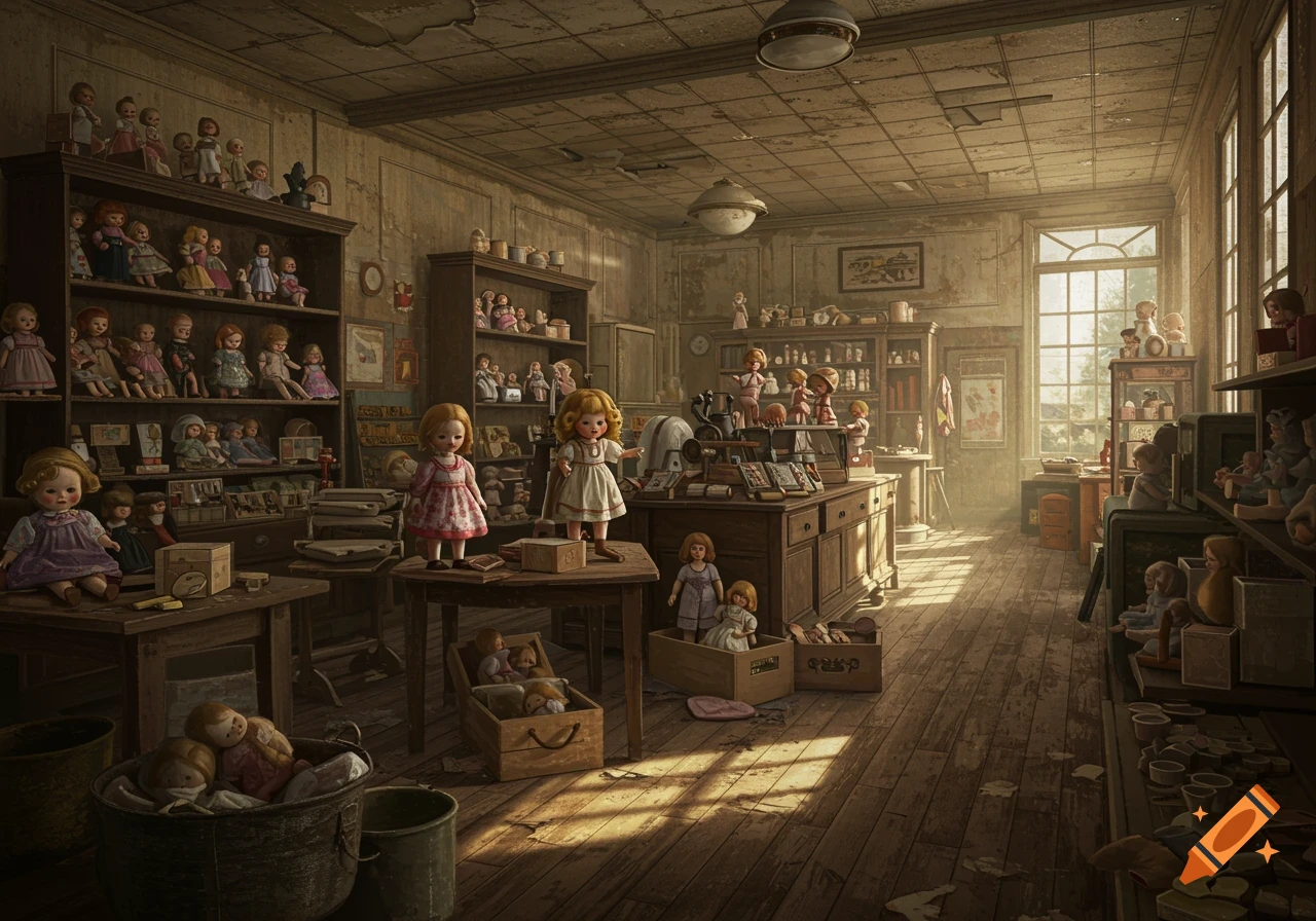 Old, dusty abandoned doll shop filled with dolls on shelves and tables, sunlight streaming through a window.