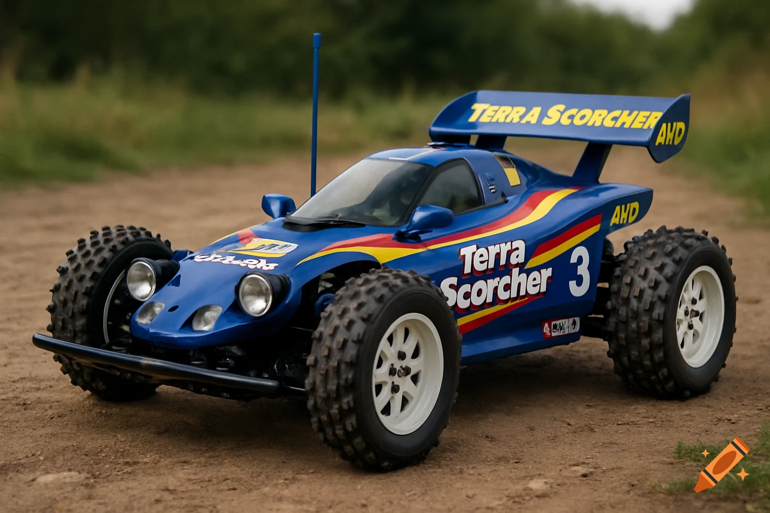 Blue Tamiya Terra Scorcher RC car looking full-scale on a dirt track, photorealistic.