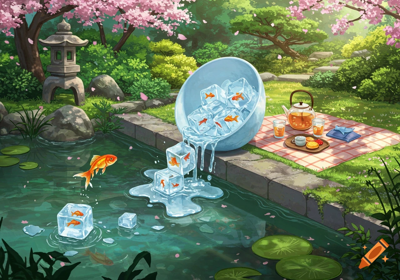 Illustration of a serene Japanese garden with a pond, cherry blossoms, picnic, and bowl spilling melting ice cubes containing goldfish.