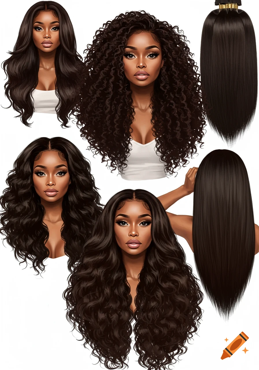 Multiple images of Black women hair models with long wavy, curly, and straight hairstyles.