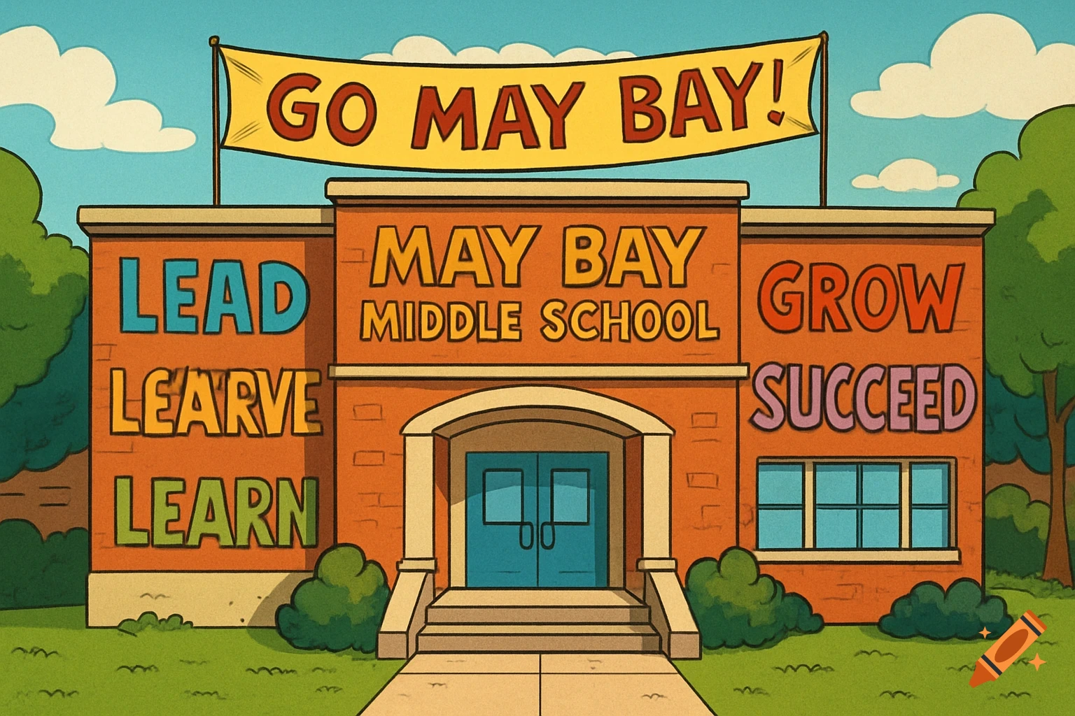 Cartoon illustration of a brick school building with large colorful text on the walls and a banner above the entrance.