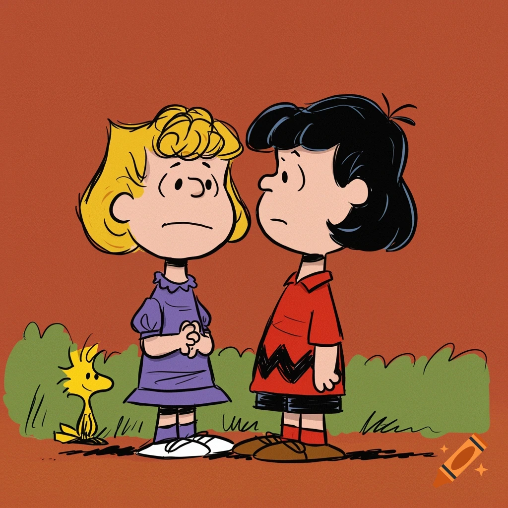 Sally, Lucy, and Woodstock from Peanuts in a sketched style.