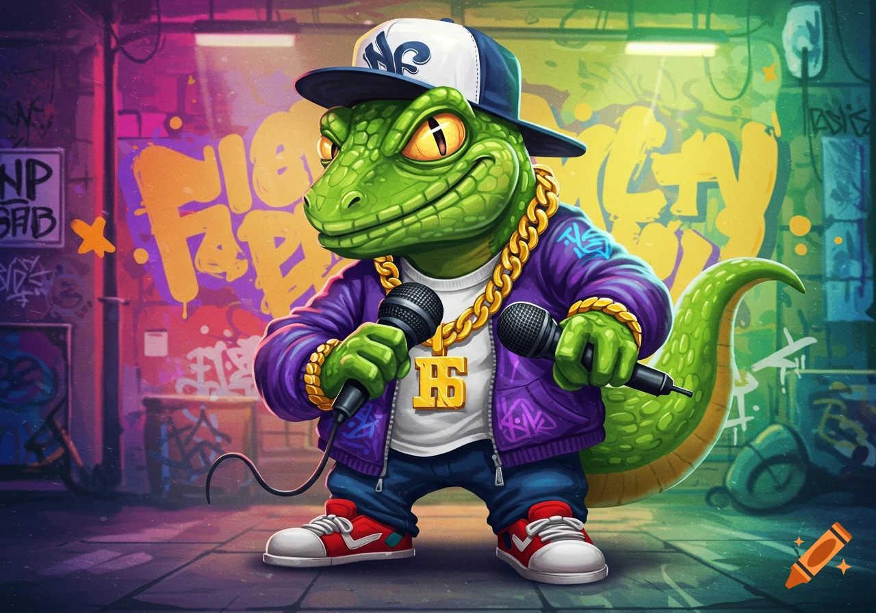 A cartoon lizard dressed as a rapper, wearing a baseball cap and gold chain, holds two microphones in front of a graffiti-covered wall.