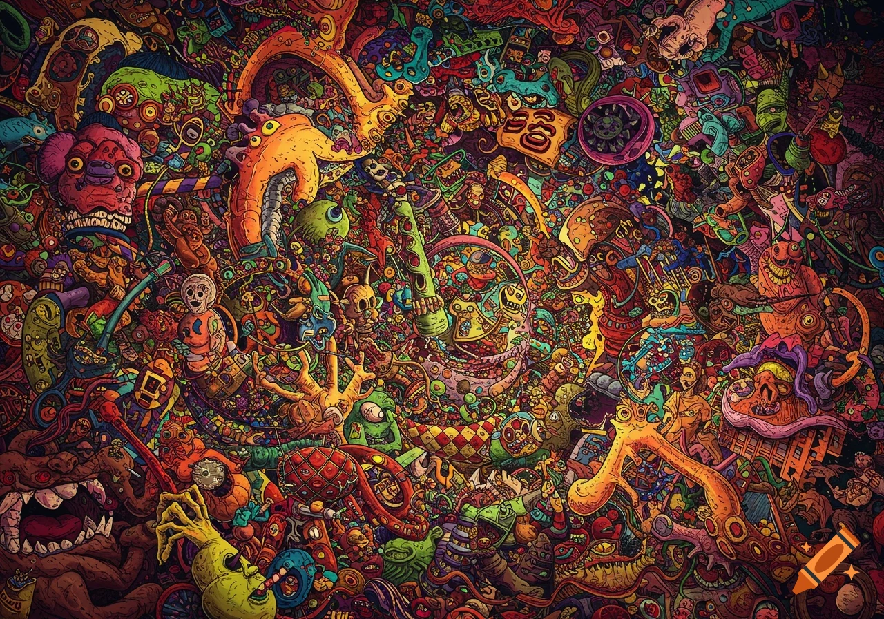 Colorful, chaotic illustration of grotesque monsters and creatures in a ...