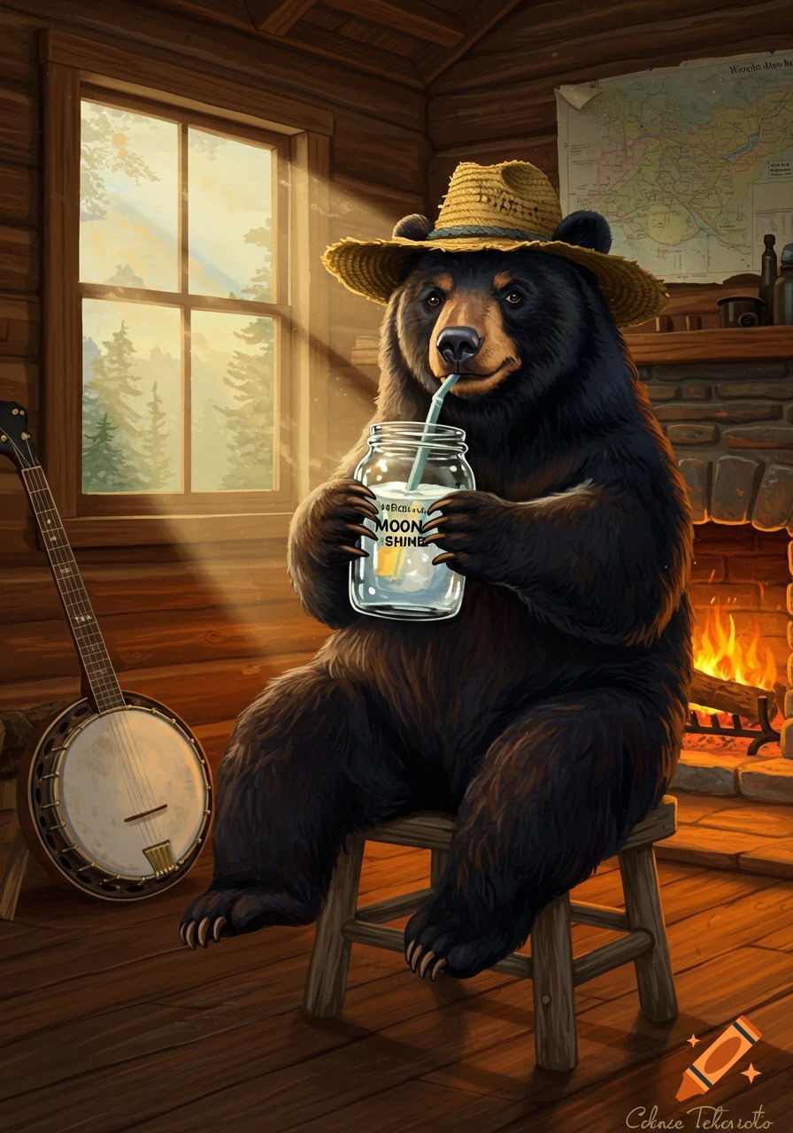 A black bear wearing a straw hat sits in a rustic cabin, drinking from a jar with a straw. A banjo is nearby.