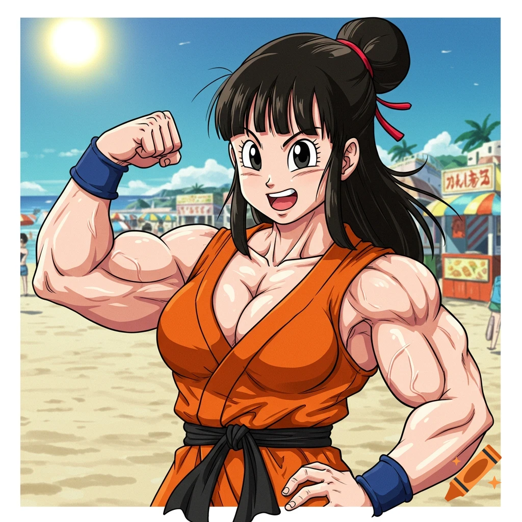 Muscular Chi Chi from Dragon Ball Z flexing her biceps on a beach in anime style.