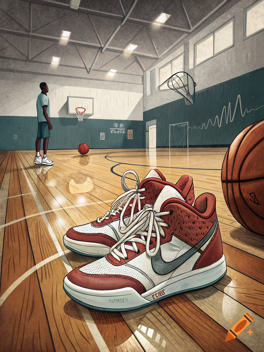 Basketball shoes on a hardwood gym floor with a player in the background, sketch style.
