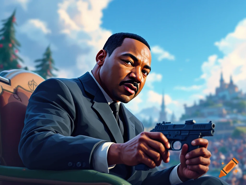 Stylized depiction of Martin Luther King Jr. in a suit holding a futuristic gun in a game-like setting.