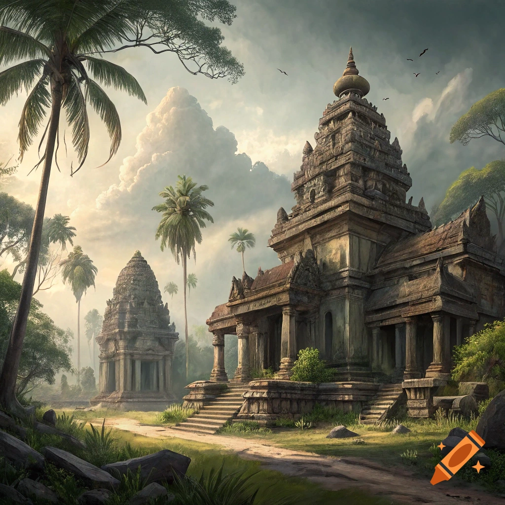 Ancient stone temples in a tropical landscape with palm trees under a cloudy sky.