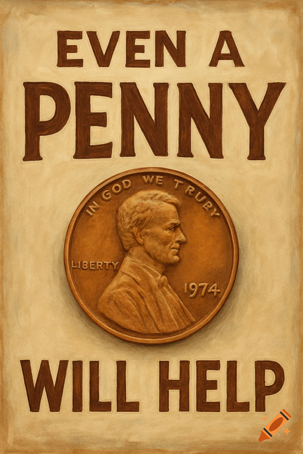 A flyer featuring a large US penny with text above and below it, on a textured brown background. The text reads "EVEN A PENNY WILL HELP".