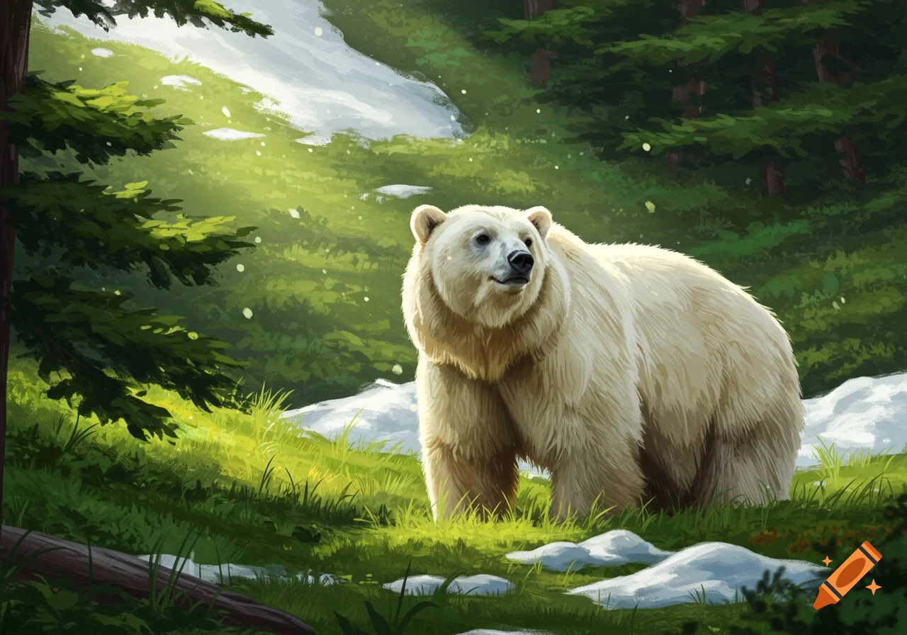 A white bear stands in a green forest with snow, painterly style.