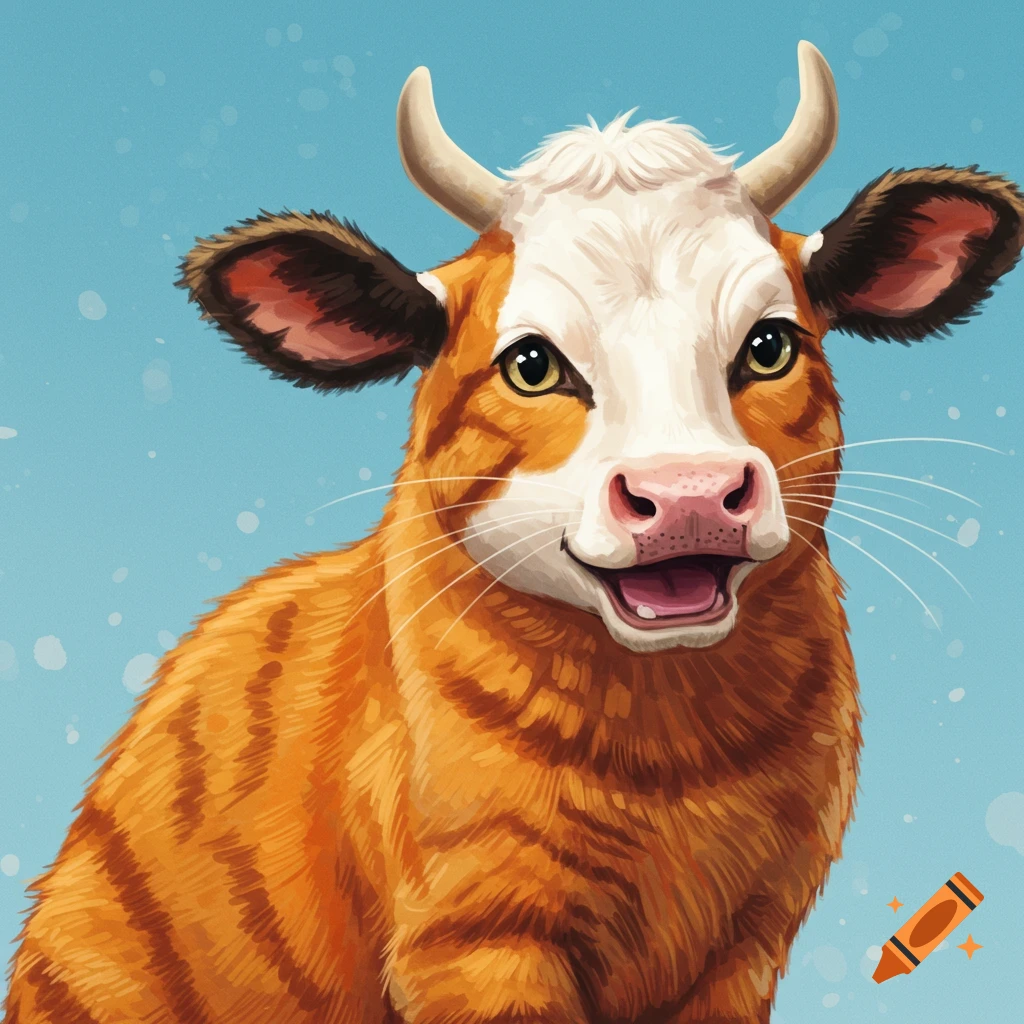 An illustration of a creature with an orange tabby cat body, cow ears, and a cow mouth.