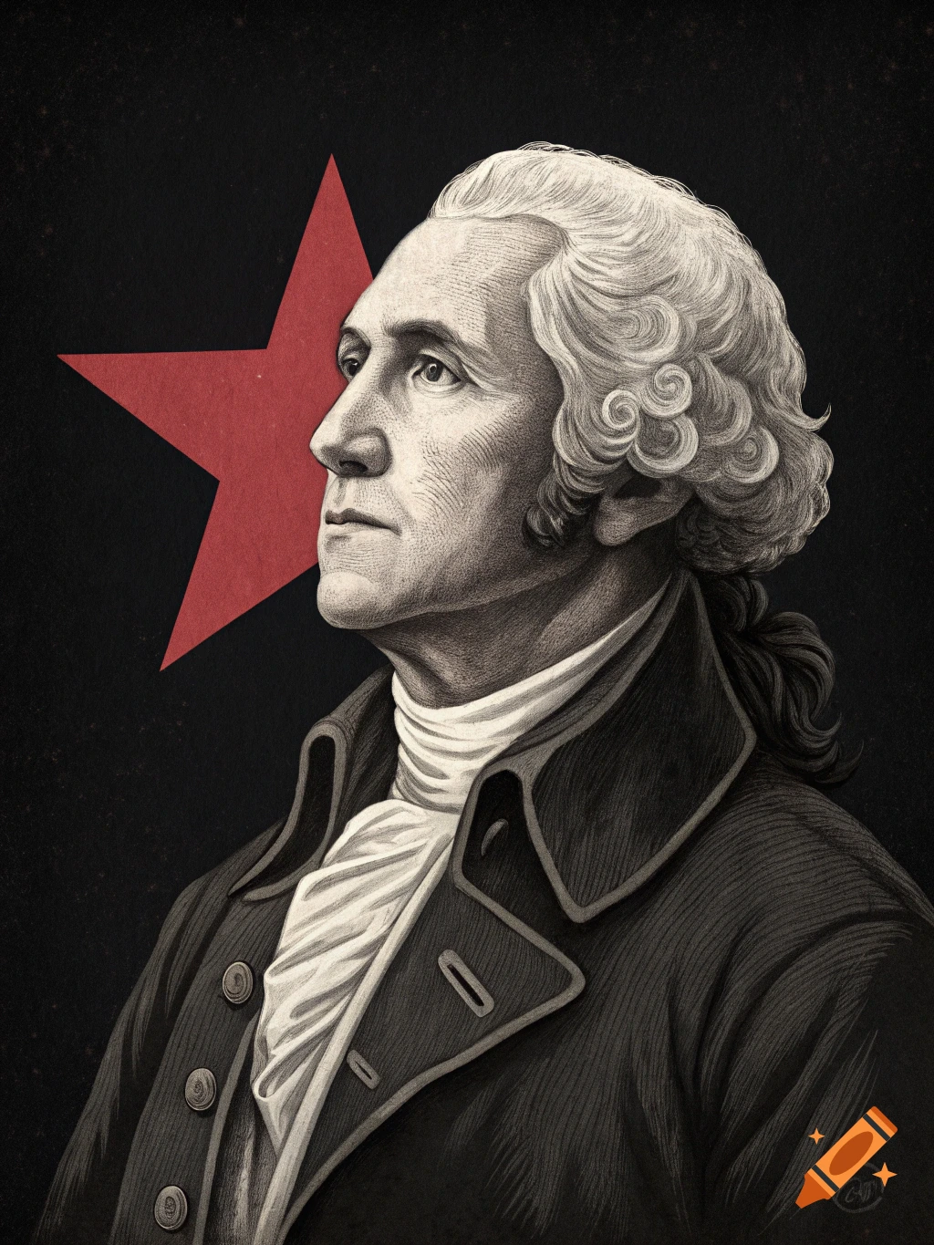 Portrait of George Washington with a red star background, in an illustration style.