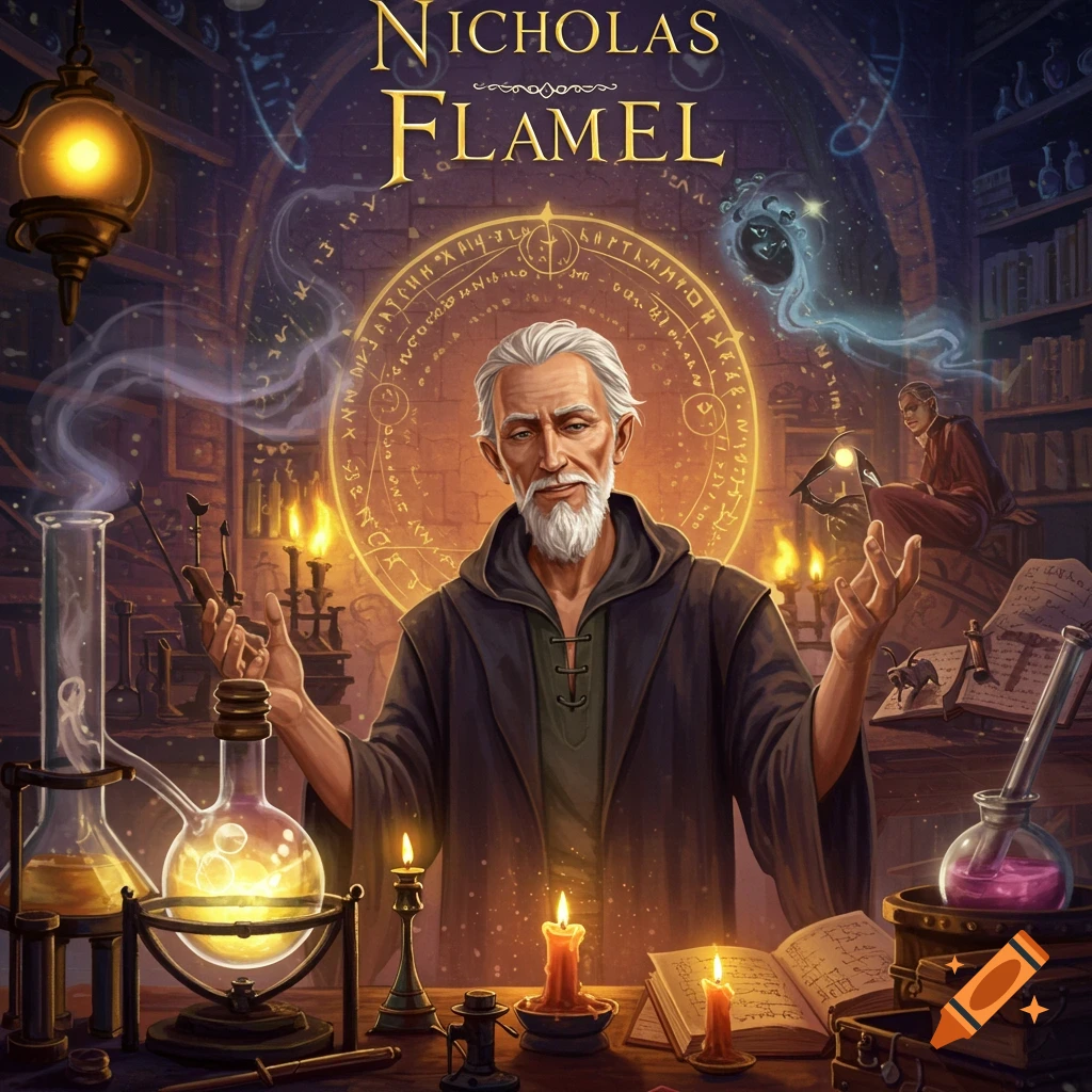 An old wizard in an alchemy lab with a glowing magic circle, books, and potions. Text reads 'Nicholas Flamel'.