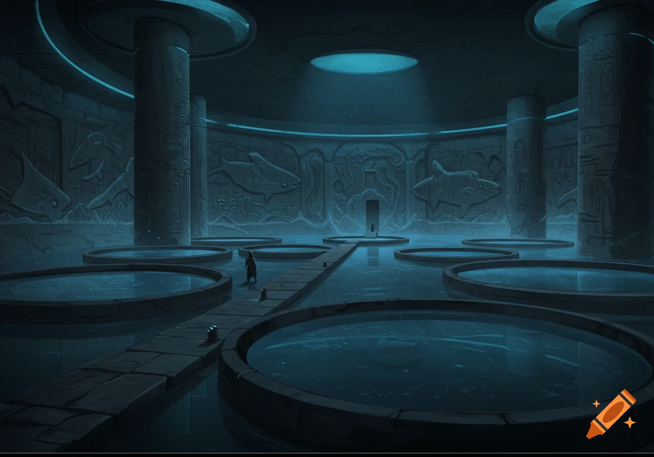 Underground room with glowing circular pools, carved columns and walls, and a lone figure on a walkway.