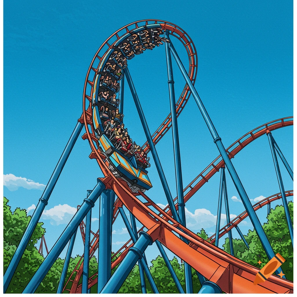 A cartoon illustration of a blue and orange rollercoaster train full of people on a steep, twisting track against a blue sky.