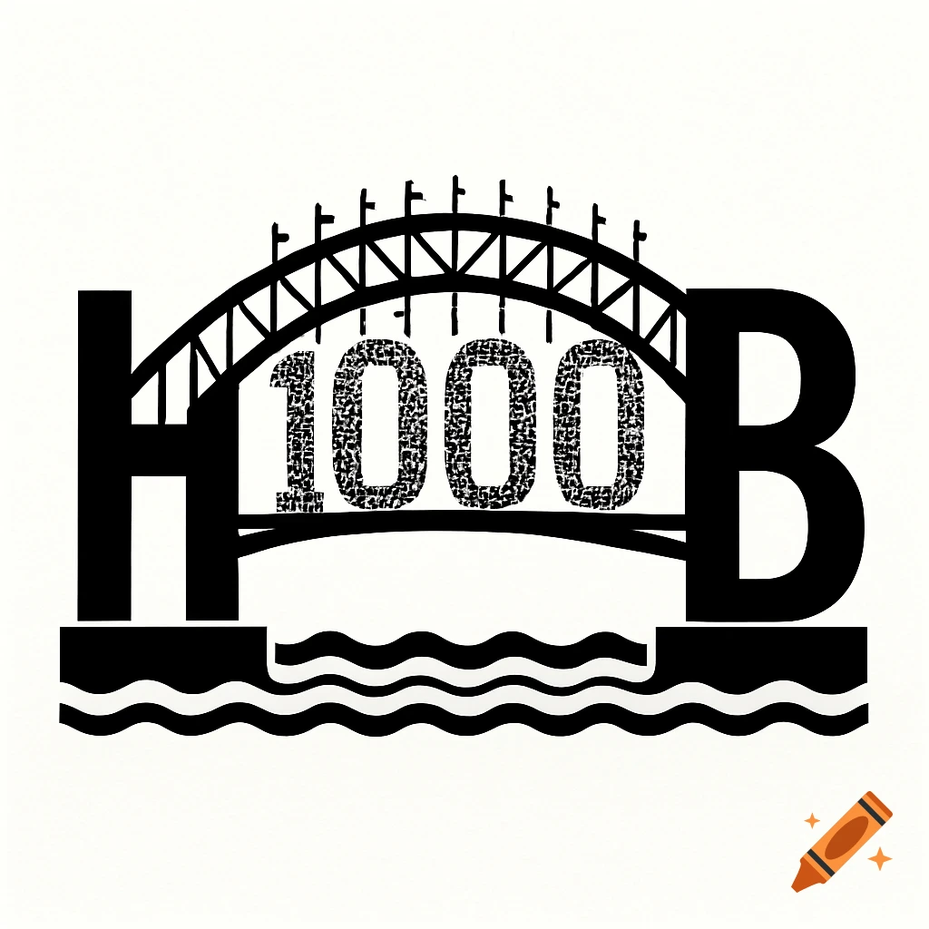 Graphic illustration of a bridge composed of letters H and B, with the number 1000 in the middle, over waves.