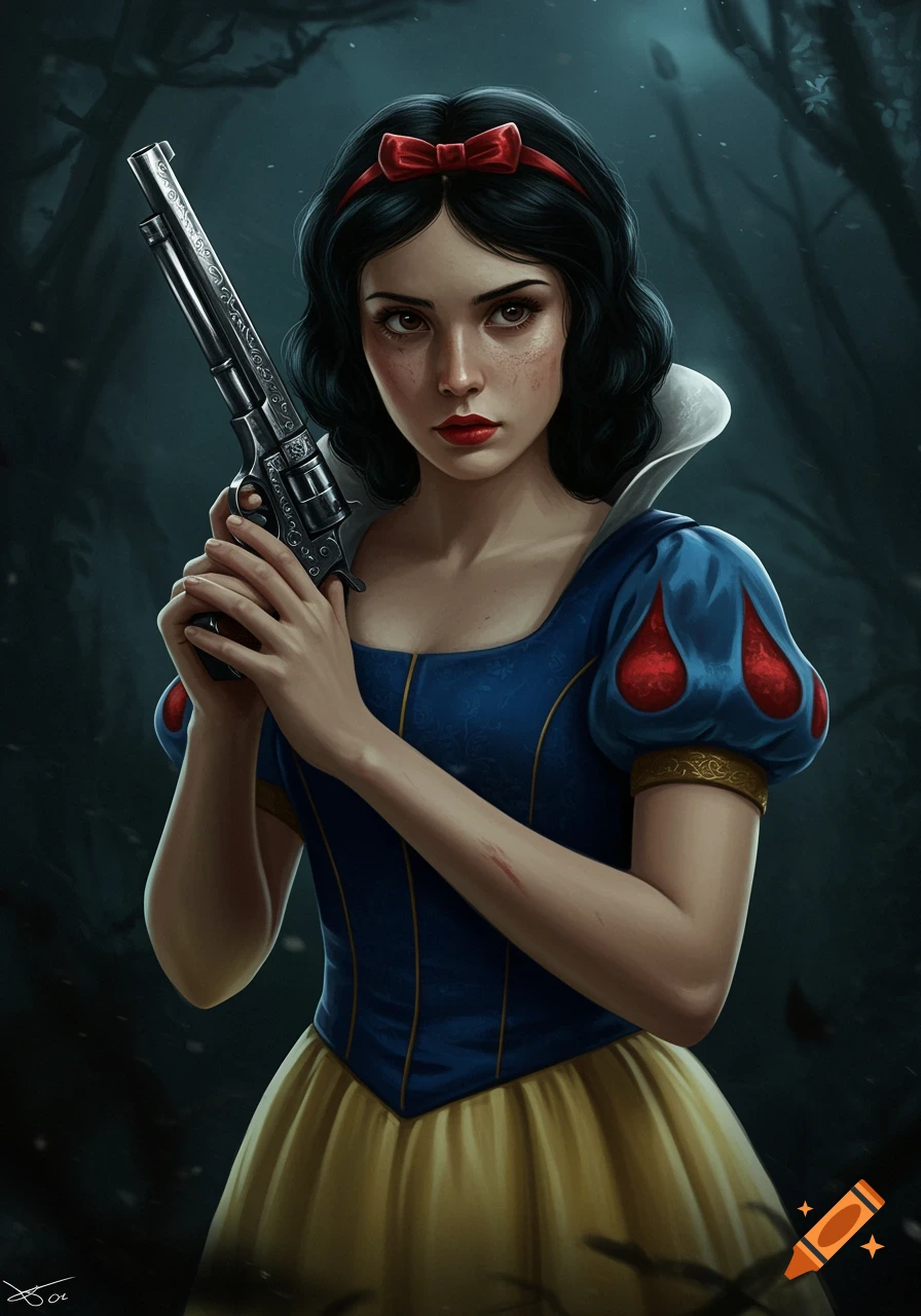 Illustration of Snow White holding a large gun in a dark forest.