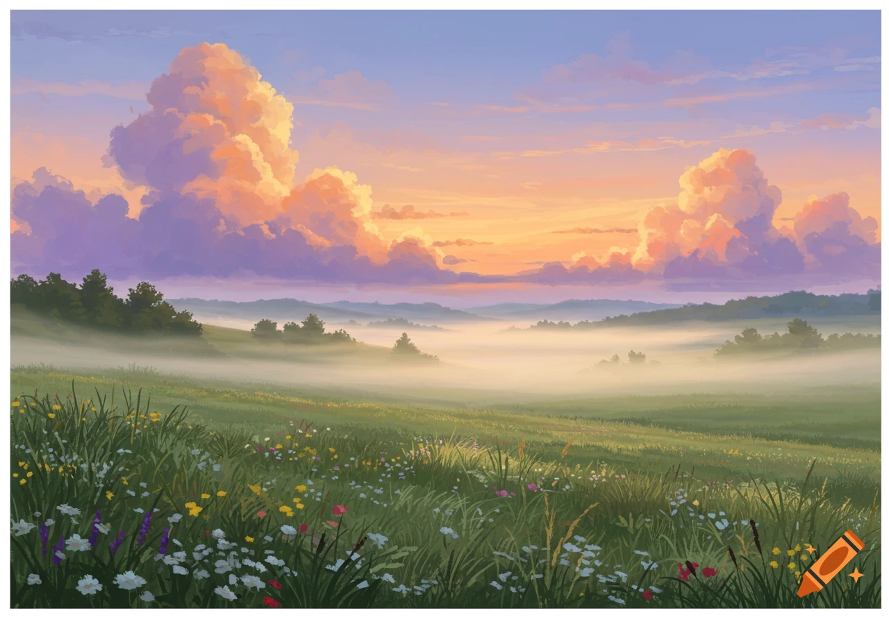 A misty field of wildflowers under a sky with large orange and purple clouds at sunrise or sunset.