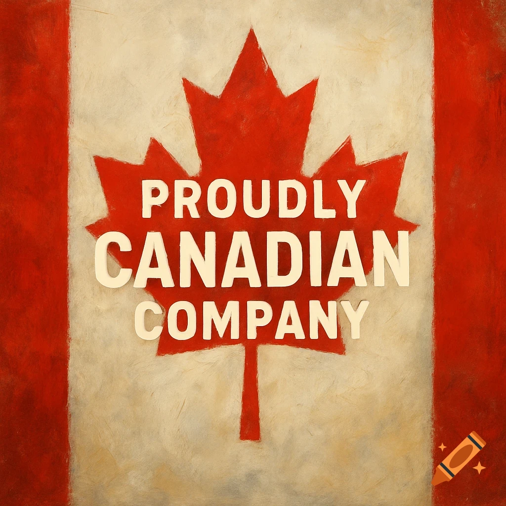 Canadian flag with text 'PROUDLY CANADIAN COMPANY' in a painted style.