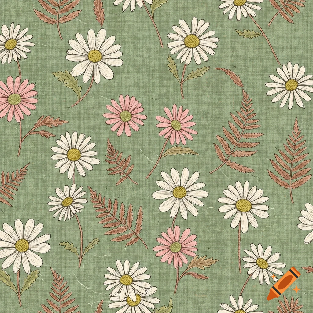 Seamless pattern of hand-drawn daisies, pink flowers, and ferns on a sage green background.