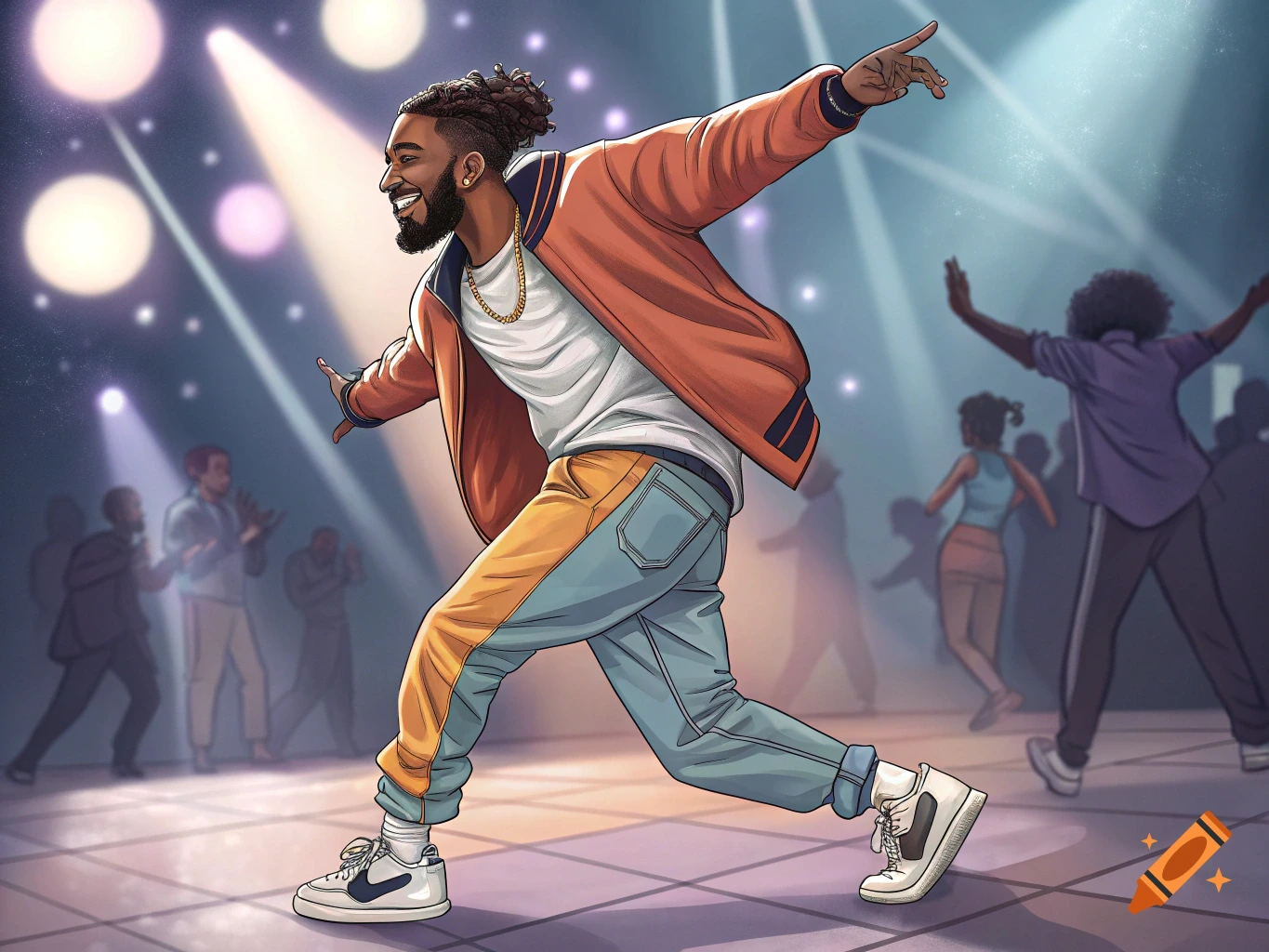 Illustration of a person dancing on a stage under spotlights.