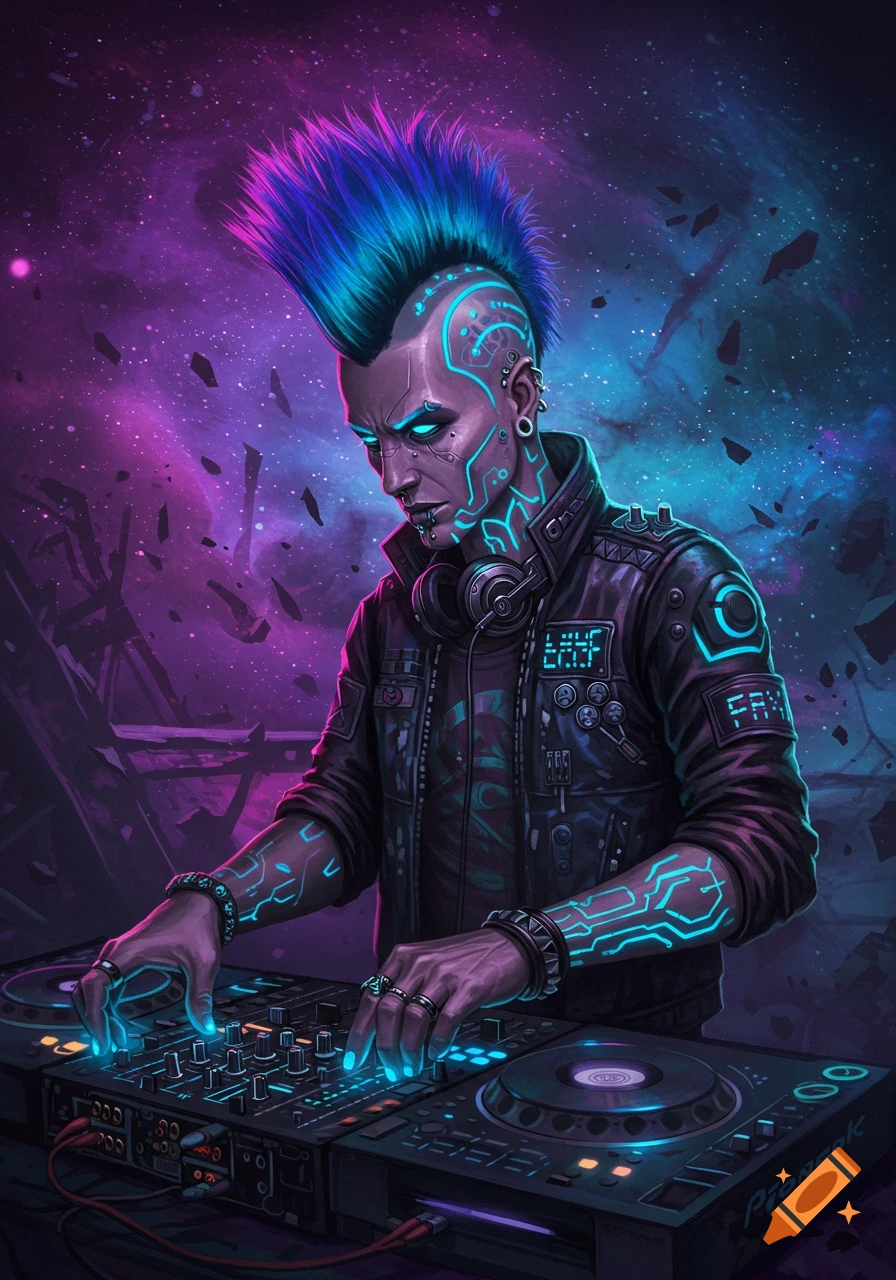 Cyberpunk DJ with glowing circuits mixing music in a cosmic setting