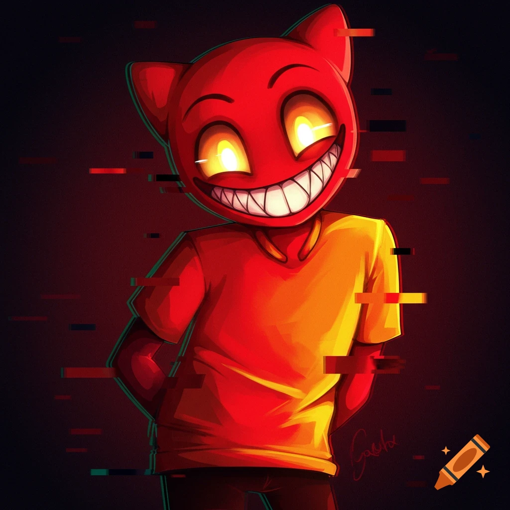 Stylized red character with glowing eyes, sharp teeth, and glitch effect