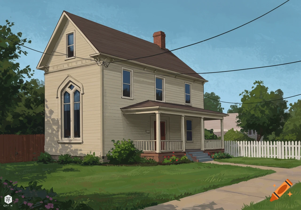 An illustration of an old light-colored house with a porch, gothic window, and white picket fence.