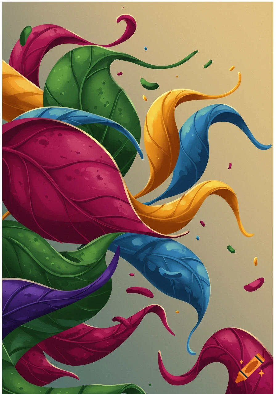 Colorful, wavy leaves in an abstract, vibrant style