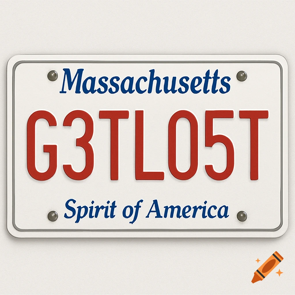 A Massachusetts license plate with the number G3TL05T and the motto Spirit of America.