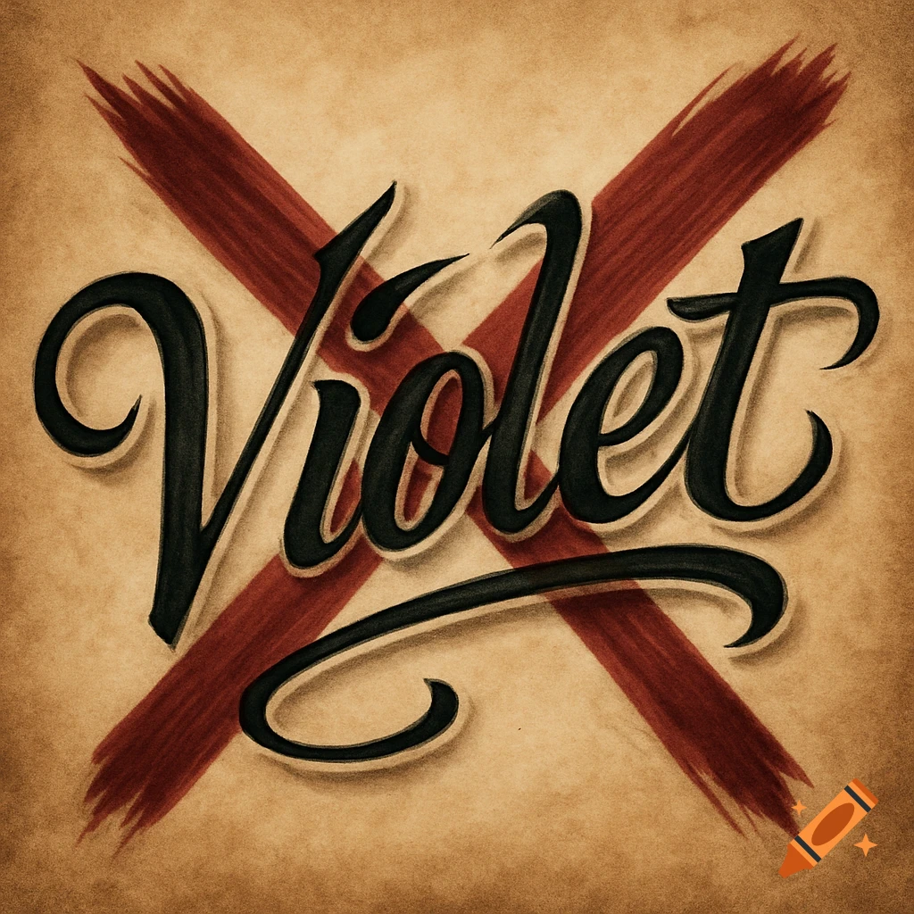 The word Violet with a red X through it, in black tattoo-style lettering on a textured background.
