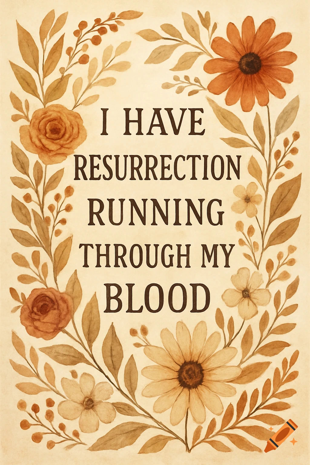 Watercolor floral border around the text 'I HAVE RESURRECTION RUNNING THROUGH MY BLOOD'.
