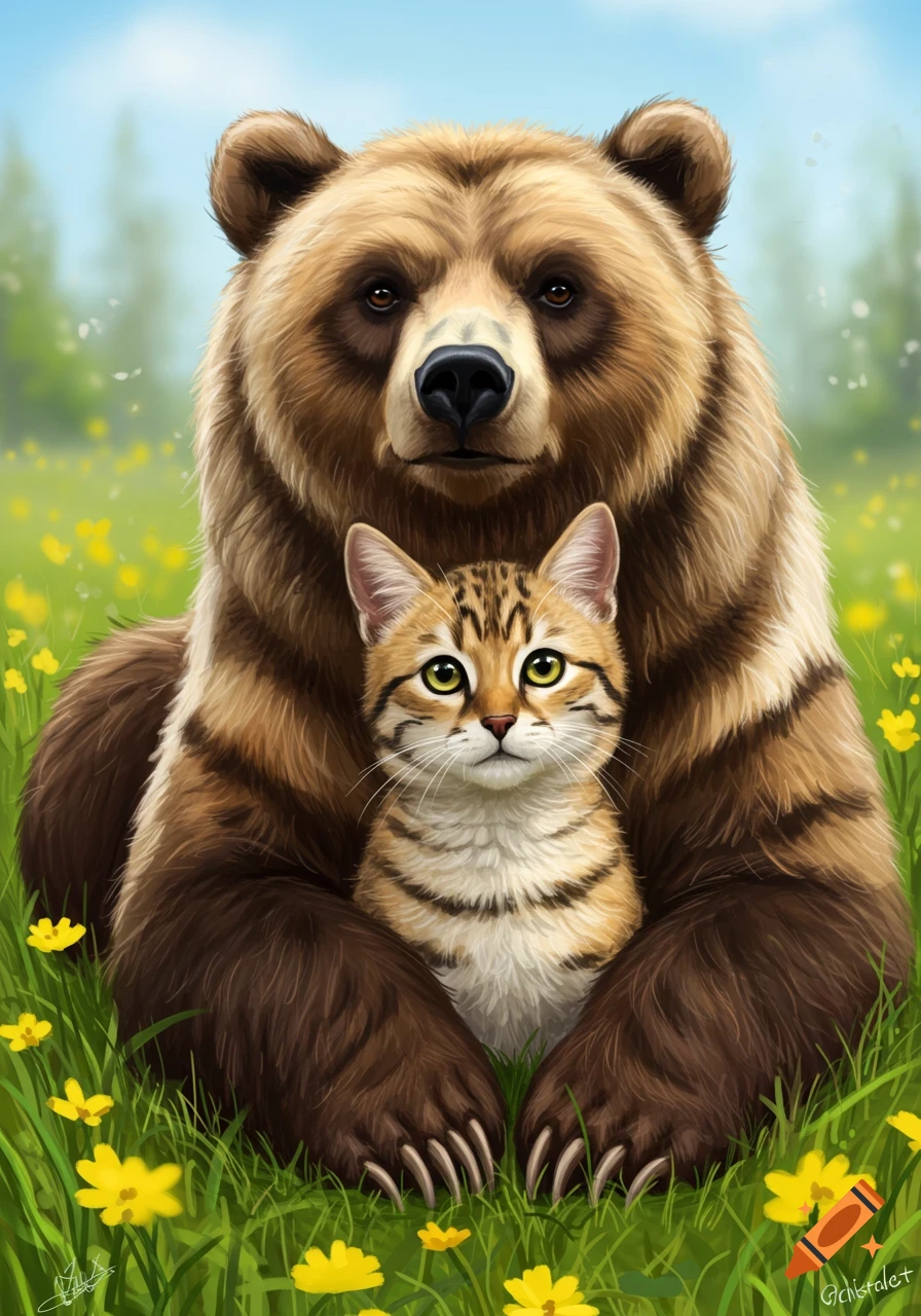 Digital painting of a large brown bear sitting in a field of yellow flowers with a small tabby cat nestled between its arms.