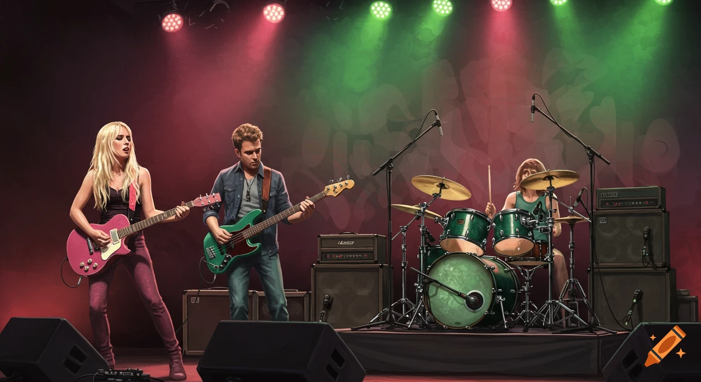 A band performs on stage with red and green lighting. A female guitarist, male bassist, and female drummer play instruments.