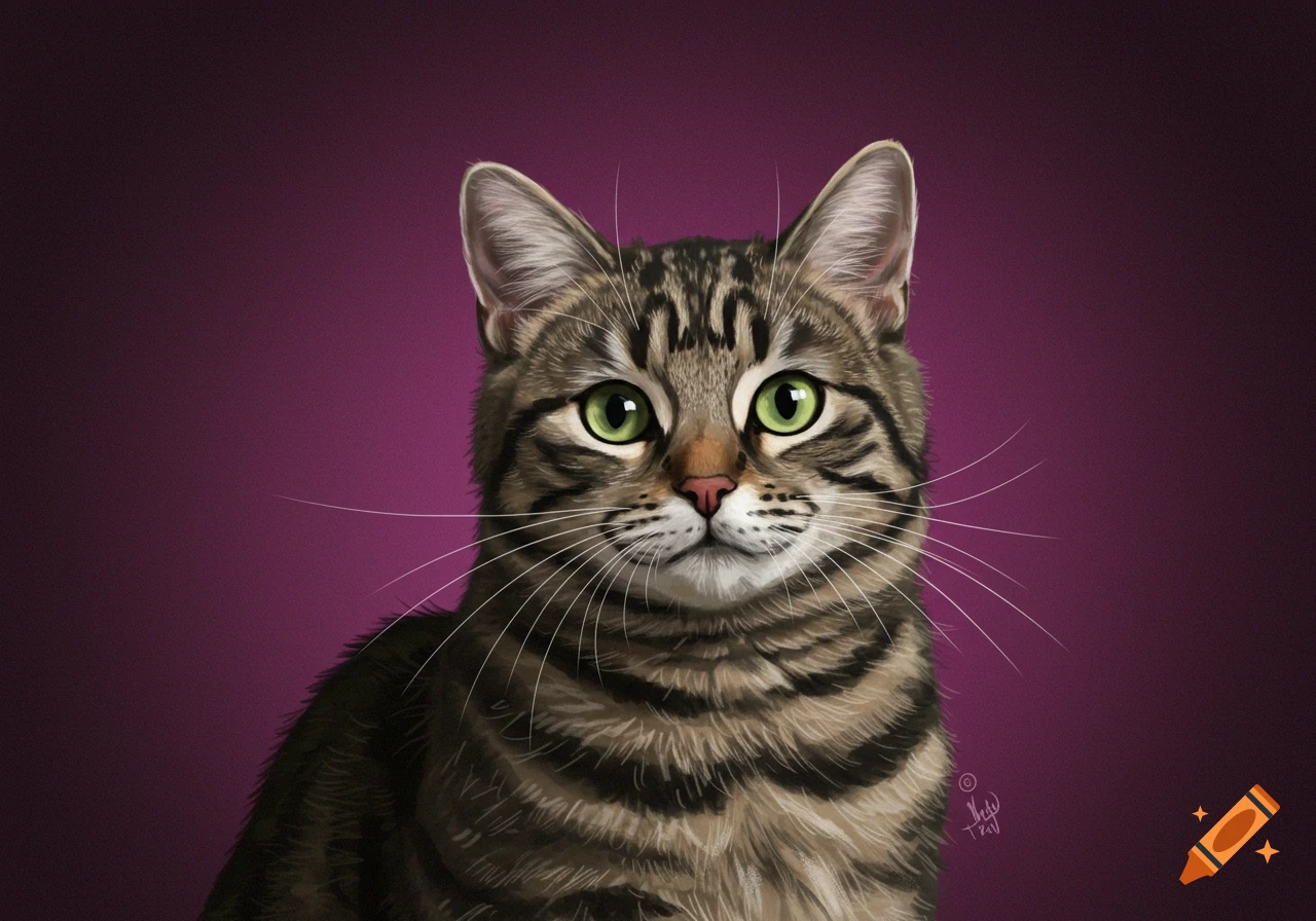 Close-up portrait of a tabby cat with green eyes against a purple ...